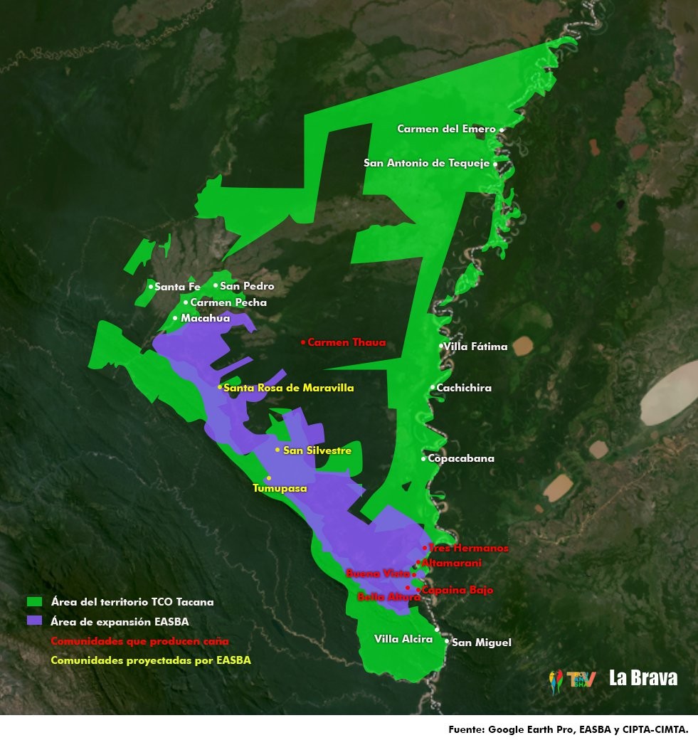 Map of TCO Tacana 1 in light green, showing Carmen Pecha among four villages in the central area and purple areas of EASBA sugarcane expansion