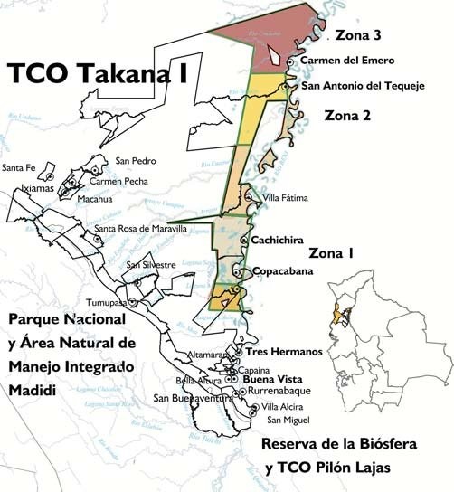 Map of TCO Takana I divided into three management zones, with Carmen Pecha in the central area near Ixiamas, bordering Madidi National Park and the Pilón Lajas Biosphere Reserve